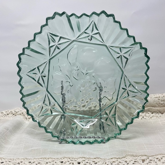 Federal Glass Pioneer fruit bowl, star & fan panels, 11”, scalloped aqua rim USA - Picture 1 of 7